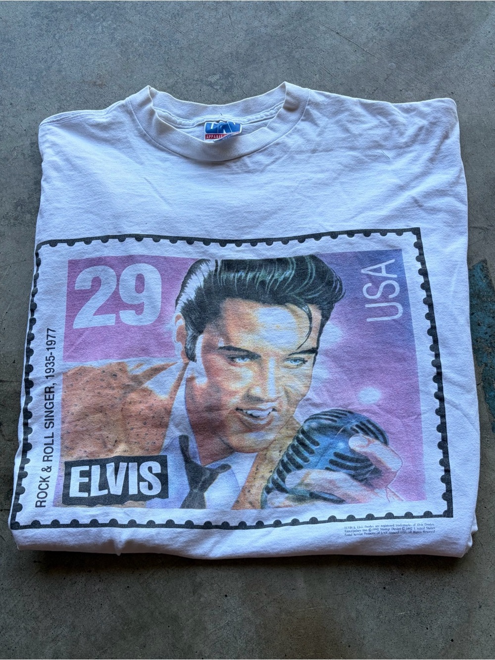 Vintage 90s 1992 Elvis Presley Postage Stamp White T-Shirt Graphic